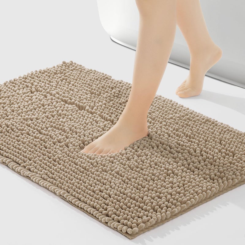 FRESHMINT Chenille Bath Rugs Extra Soft and Absorbent Microfiber Shag Rug, Non-Slip Runner Carpet for Tub Bathroom Shower Mat, Machine-Washable Durable Thick Area Rugs (Light Brown, 24" x 17") - Image 1